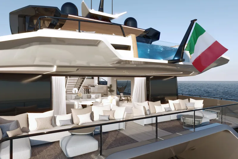 X30 Villa Yacht Photos Pics Luxury yacht Extra X30 VILLA 2026 with spacious deck and Italian flag.