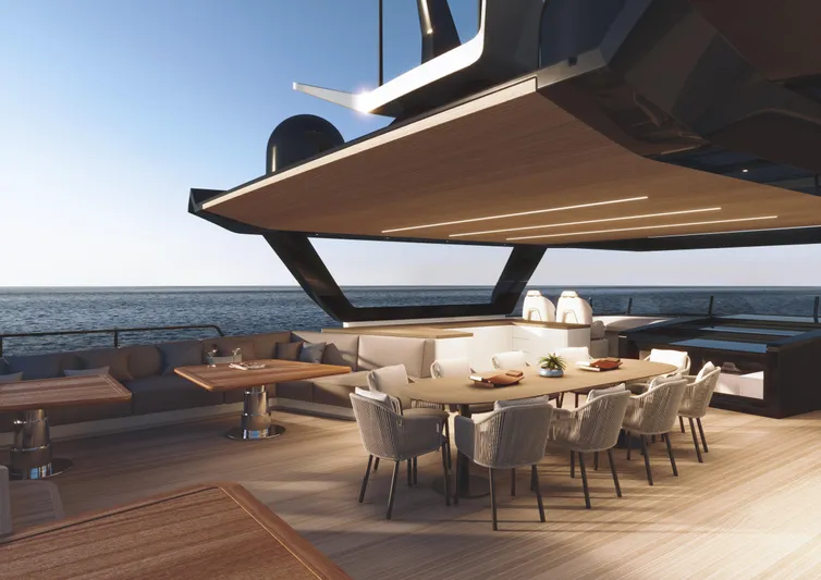 X30 Villa Yacht Photos Pics Luxury dining area on the 2026 Extra X30 VILLA yacht with ocean view.