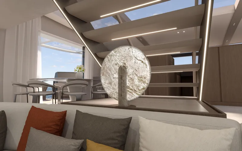 X30 Villa Yacht Photos Pics Modern interior of Extra X30 VILLA 2026 with stylish staircase and cozy seating area.