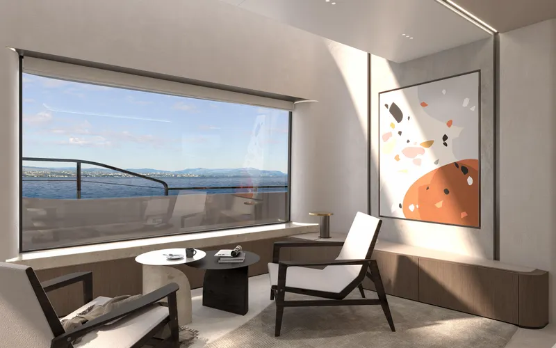 X30 Villa Yacht Photos Pics Modern interior of Extra X30 VILLA 2026 yacht with sea view and abstract art.