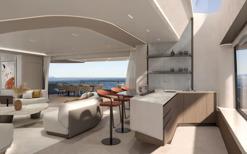 X30 Villa Yacht Photos Pics Luxurious interior of 2026 Extra X30 VILLA yacht with ocean view.