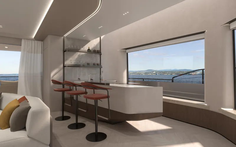 X30 Villa Yacht Photos Pics Luxurious interior of 2026 Extra X30 VILLA yacht with bar and ocean view.