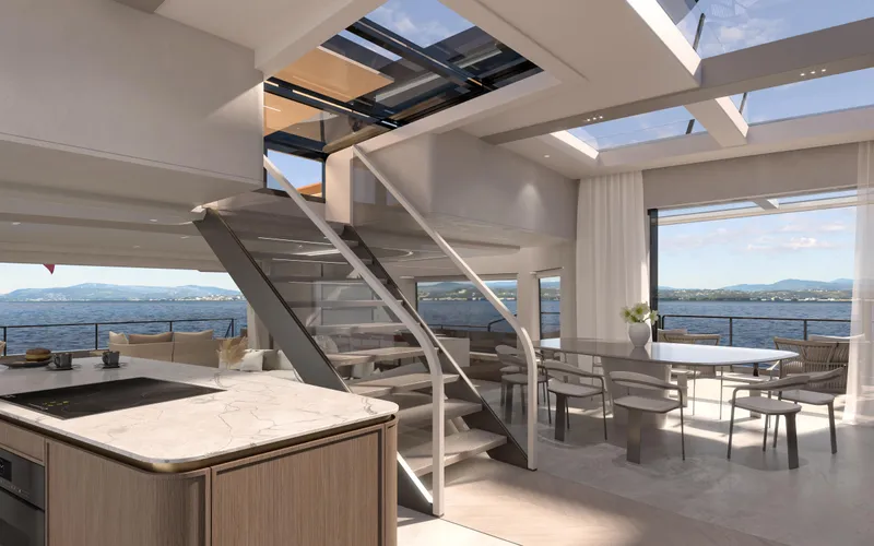 X30 Villa Yacht Photos Pics Luxurious interior of the 2026 Extra X30 VILLA yacht with ocean view.