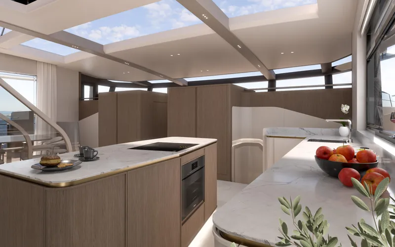 X30 Villa Yacht Photos Pics Modern kitchen interior of Extra X30 VILLA 2026 yacht with skylights and sleek design.