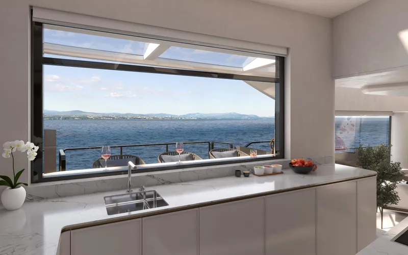 X30 Villa Yacht Photos Pics Modern kitchen with ocean view on Extra X30 VILLA yacht, 2026 model.
