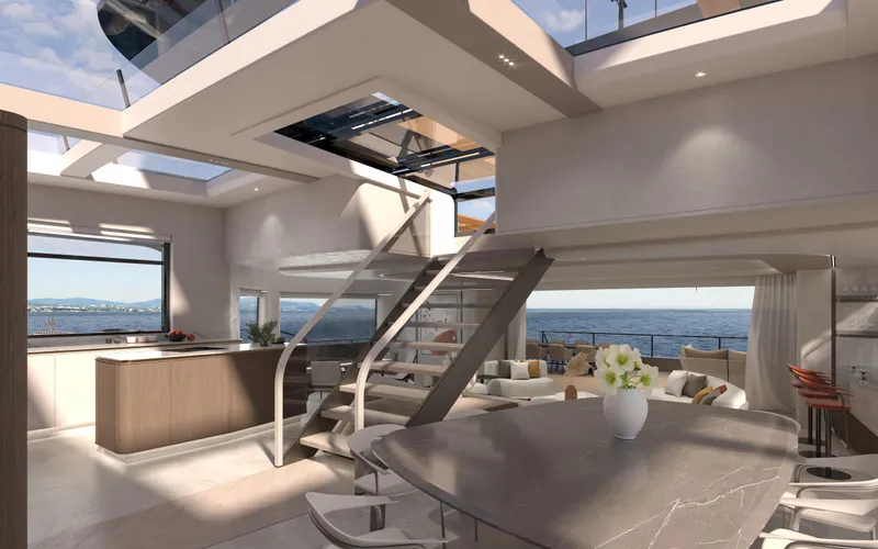 X30 Villa Yacht Photos Pics Luxurious interior of the 2026 Extra X30 VILLA yacht with modern design and ocean view.