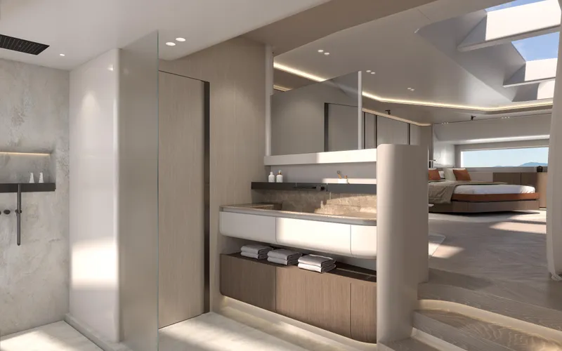 X30 Villa Yacht Photos Pics Modern bathroom and bedroom in Extra X30 VILLA 2026 yacht.