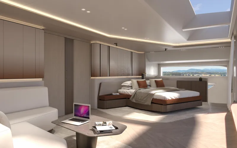 X30 Villa Yacht Photos Pics Luxurious interior of 2026 Extra X30 VILLA yacht with modern bedroom and seating area.