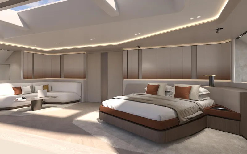X30 Villa Yacht Photos Pics Luxurious bedroom interior of the 2026 Extra X30 VILLA yacht with modern design.