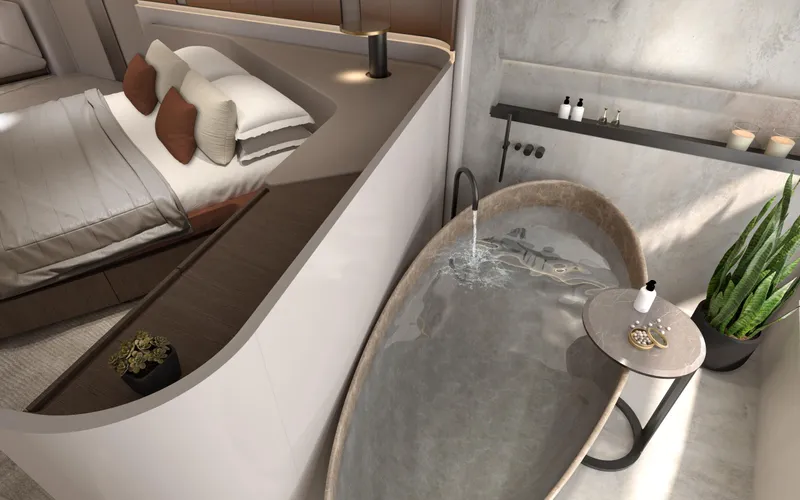 X30 Villa Yacht Photos Pics Modern bedroom with adjacent luxury bathtub in Extra X30 VILLA, 2026 model.