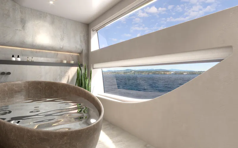X30 Villa Yacht Photos Pics Modern bathroom with ocean view in Extra X30 VILLA, 2026 model.