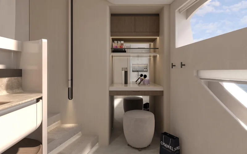 X30 Villa Yacht Photos Pics Modern interior of Extra X30 VILLA 2026 yacht with vanity area and storage.