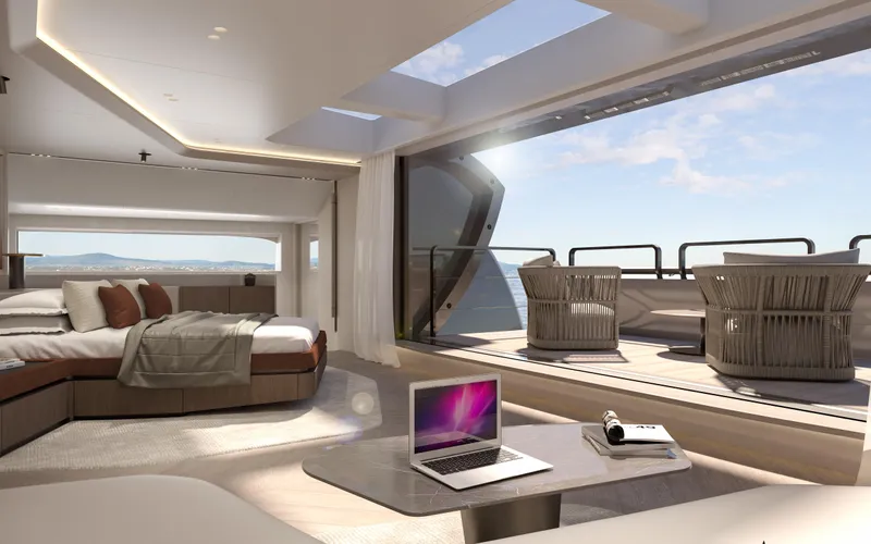 X30 Villa Yacht Photos Pics Luxurious interior of the 2026 Extra X30 VILLA yacht with ocean view and modern amenities.