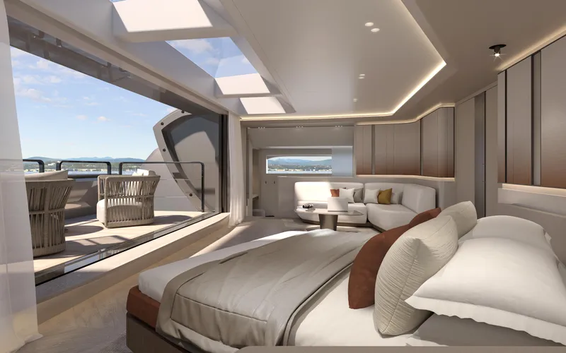 X30 Villa Yacht Photos Pics Luxurious bedroom in the 2026 Extra X30 VILLA yacht with ocean view and modern decor.