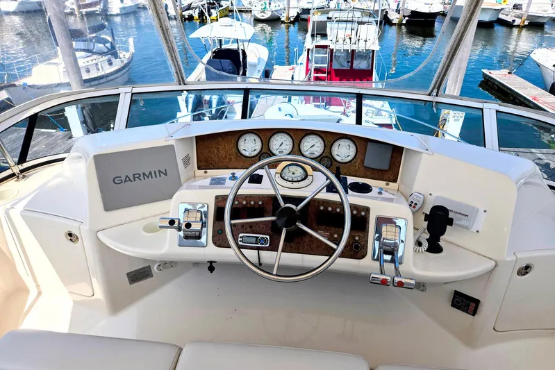  Yacht Photos Pics Helm of 2003 Silverton 392 Motor Yacht with Garmin navigation, docked at marina.