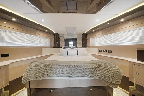 Fly Bridge Motor Yacht Yacht Photos Pics Luxurious 2018 Cruisers Cantius yacht bedroom with modern design and ambient lighting.