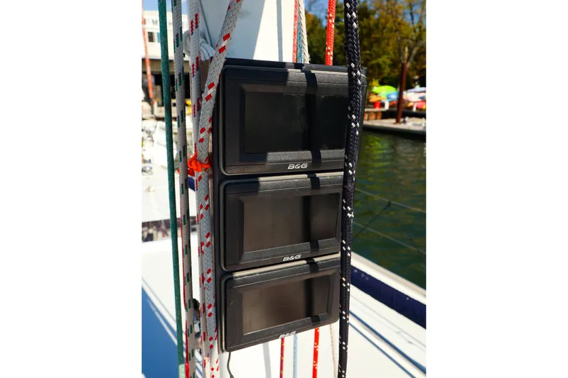 Hamburg II Yacht Photos Pics B&G marine displays on a 2002 J Boats J/46 sailboat mast with colorful ropes.