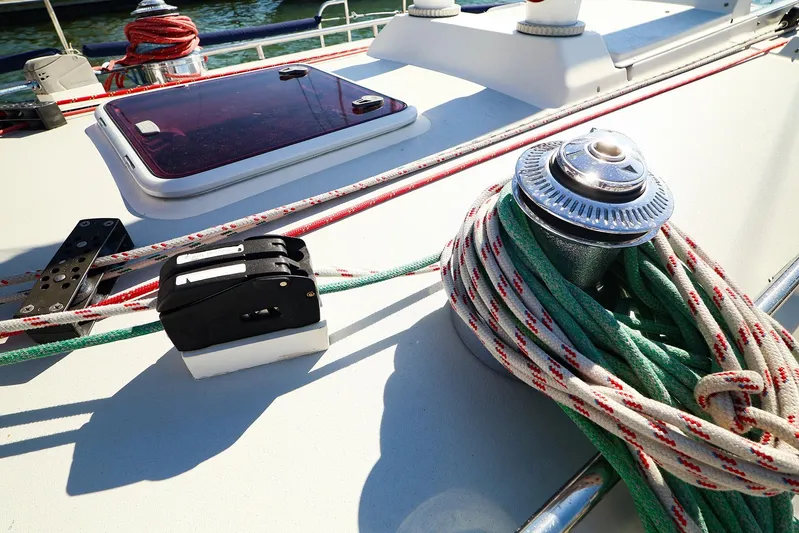 Hamburg II Yacht Photos Pics Deck of 2002 J Boats J/46 with winch and ropes in sunlight.