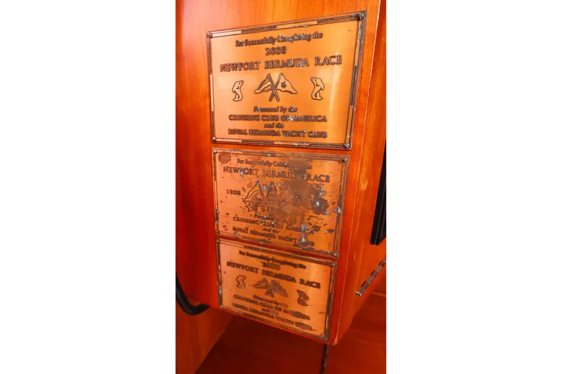 Hamburg II Yacht Photos Pics Plaques commemorating Newport Bermuda Race achievements on a 2002 J Boats J/46 yacht.