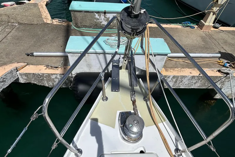 Pau Hana Yacht Photos Pics Bow of 2007 Beneteau Cyclades 50.3 yacht docked at marina.