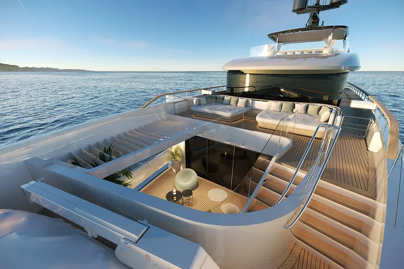 Sirena 42 Yacht Photos Pics Luxurious Sirena 42 yacht, 2026 model, featuring elegant deck and seating area at sea.