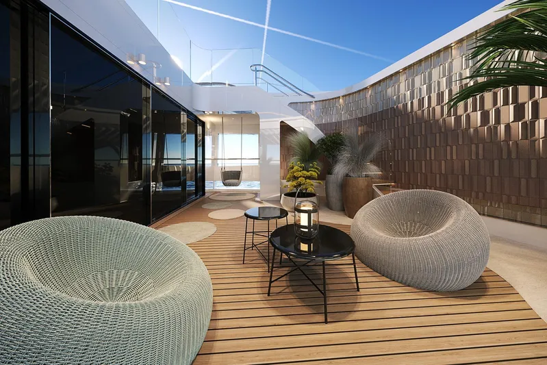 Sirena 42 Yacht Photos Pics Luxurious Sirena 42 yacht deck, 2026 model, featuring modern seating and elegant decor.