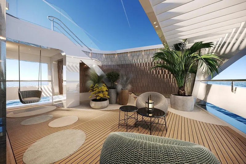 Sirena 42 Yacht Photos Pics Luxurious Sirena 42 yacht deck with modern seating, plants, and ocean view, 2026 model.