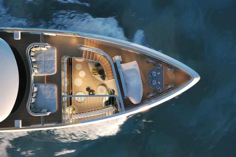 Sirena 42 Yacht Photos Pics Aerial view of luxurious 2026 Sirena 42 yacht deck with elegant seating and decor.