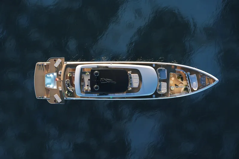 Sirena 42 Yacht Photos Pics Aerial view of 2026 Sirena 42 yacht on calm water, showcasing luxurious deck layout.