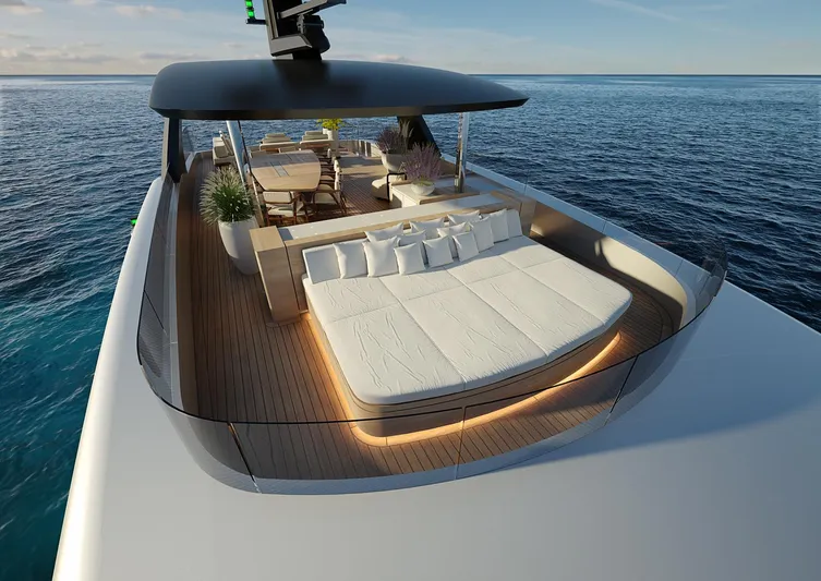 Sirena 42 Yacht Photos Pics Luxurious 2026 Custom Sirena yacht with spacious deck and modern seating area.
