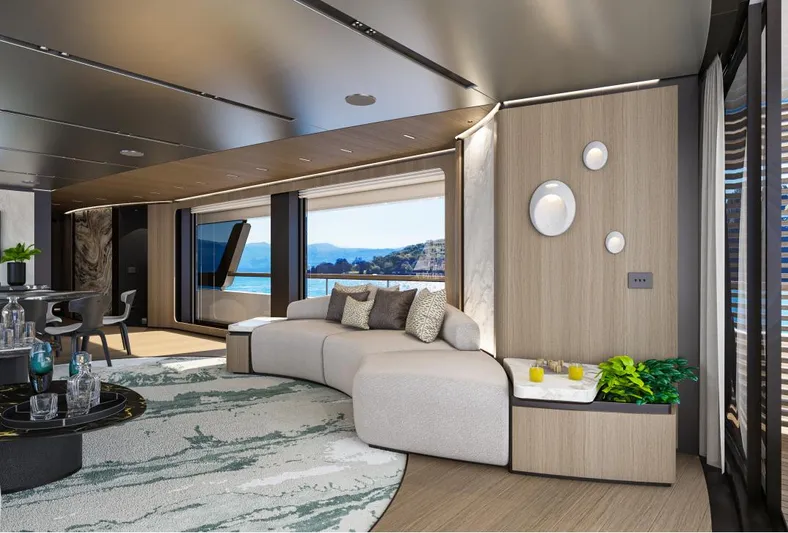Sirena 42 Yacht Photos Pics Luxurious 2026 Custom Sirena yacht interior with modern decor and ocean view.