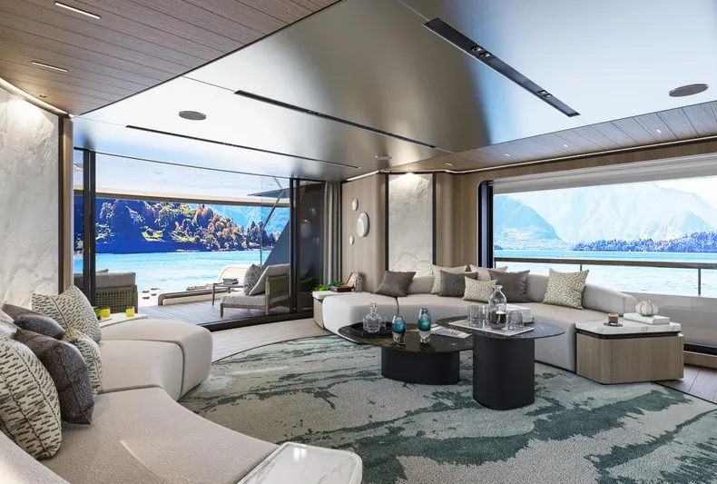 Sirena 42 Yacht Photos Pics Luxurious interior of 2026 Custom Sirena yacht with panoramic ocean views.