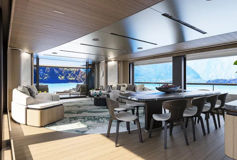 Sirena 42 Yacht Photos Pics Luxurious interior of the 2026 Custom Sirena yacht with panoramic ocean views.