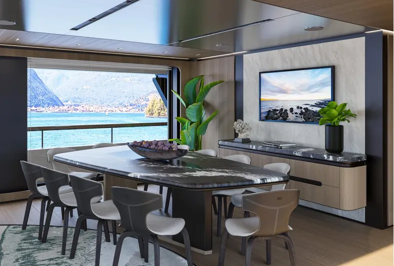 Sirena 42 Yacht Photos Pics Luxurious dining area on the 2026 Custom Sirena yacht with scenic ocean view.