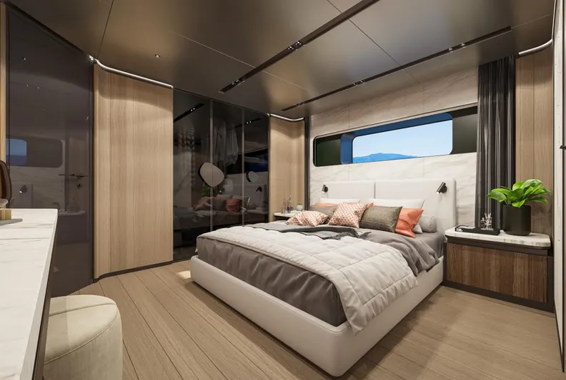 Sirena 42 Yacht Photos Pics Luxurious bedroom interior of 2026 Custom Sirena yacht with modern design and large window.