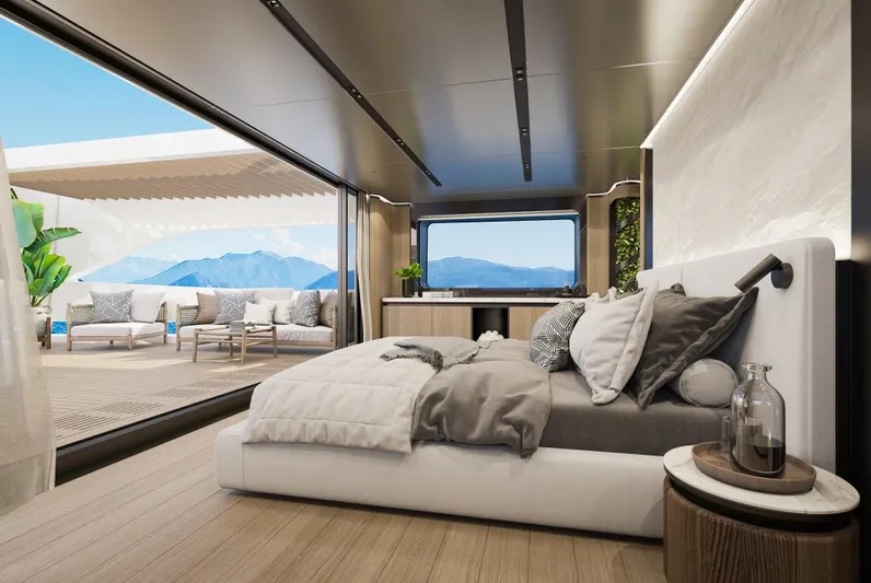 Sirena 42 Yacht Photos Pics Luxurious 2026 Custom Sirena yacht bedroom with panoramic ocean views and modern decor.