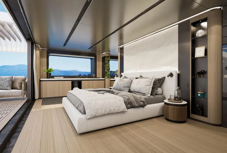 Sirena 42 Yacht Photos Pics Luxurious bedroom interior of Custom Sirena 2026 yacht with modern design and scenic ocean view.