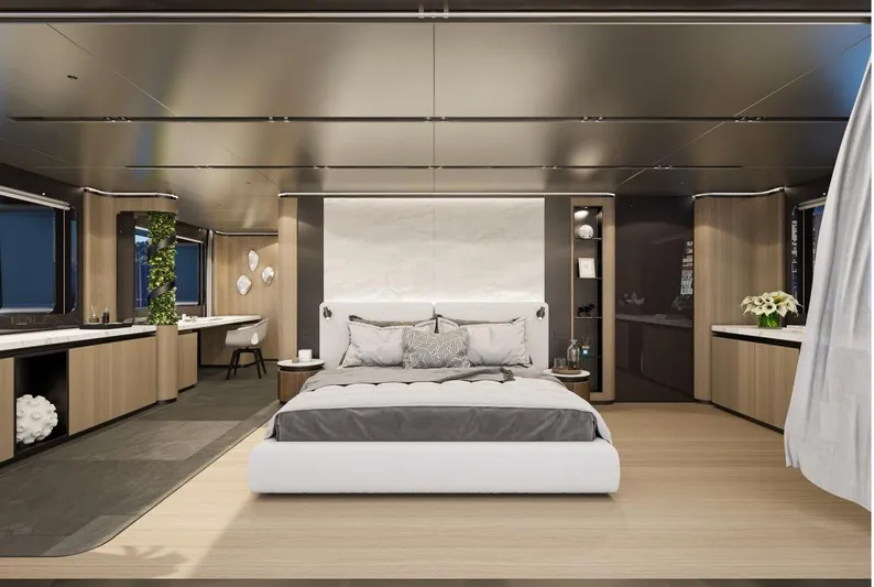 Sirena 42 Yacht Photos Pics Luxurious bedroom interior of Custom Sirena 2026 yacht with modern design and elegant furnishings.