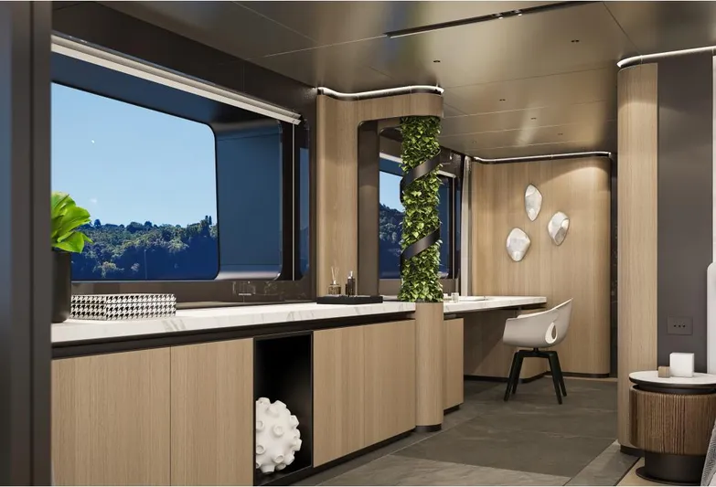 Sirena 42 Yacht Photos Pics Modern yacht interior with sleek design, large windows, and elegant wooden finishes, Custom Sirena 2026.