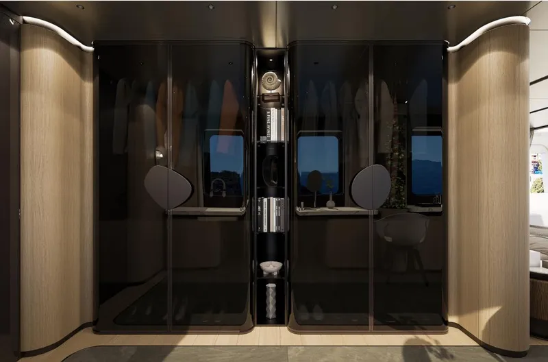 Sirena 42 Yacht Photos Pics Luxurious 2026 Custom Sirena yacht interior with sleek black wardrobes and modern design.