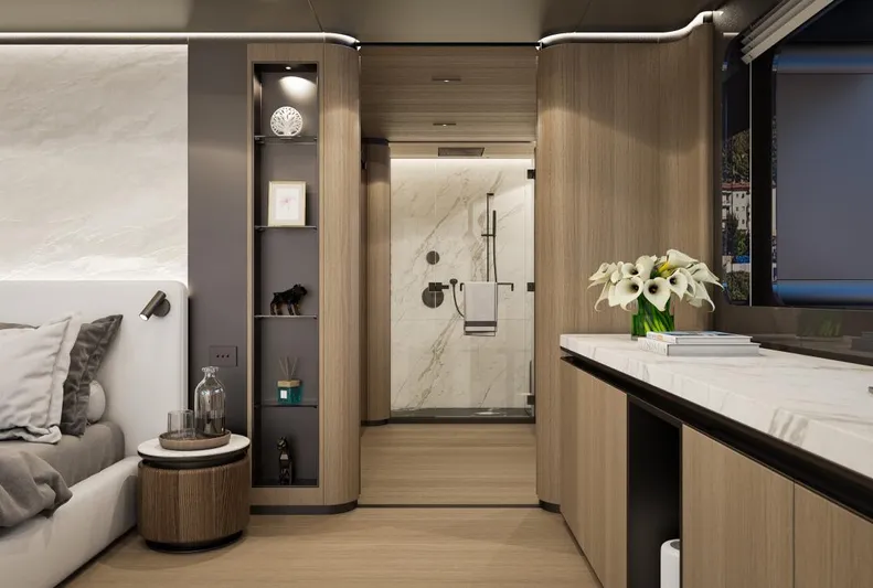 Sirena 42 Yacht Photos Pics Luxurious 2026 Custom Sirena yacht interior with modern bedroom and elegant bathroom.