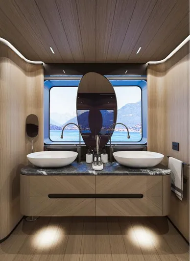 Sirena 42 Yacht Photos Pics Luxurious yacht bathroom with dual sinks, large mirror, and scenic ocean view. Custom Sirena 2026 model.