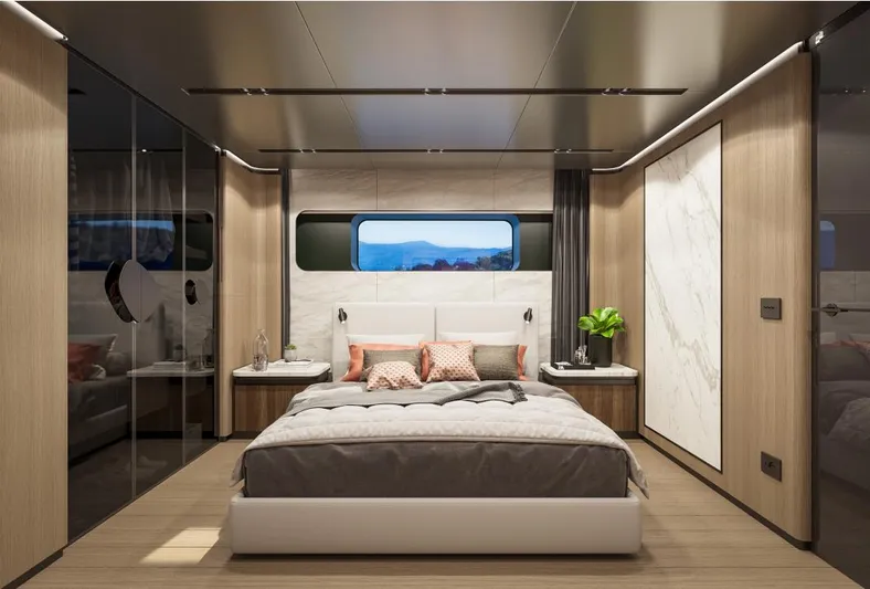 Sirena 42 Yacht Photos Pics Luxurious 2026 Custom Sirena yacht bedroom with modern design and scenic window view.