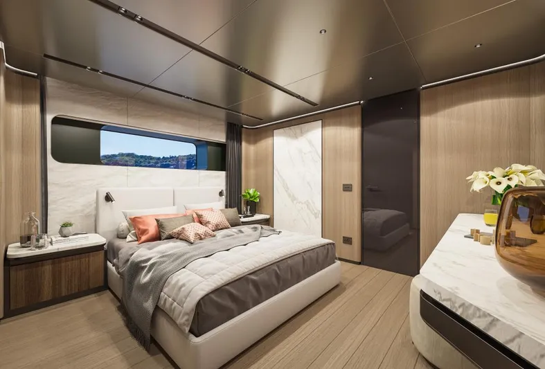 Sirena 42 Yacht Photos Pics Luxurious bedroom interior of the 2026 Custom Sirena yacht with modern decor and scenic window view.