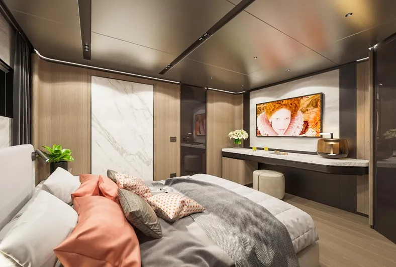 Sirena 42 Yacht Photos Pics Luxurious bedroom in 2026 Custom Sirena yacht with modern decor and large TV.