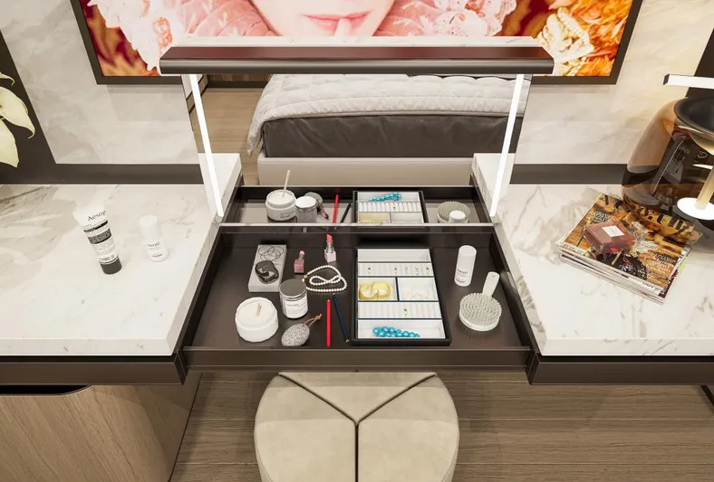 Sirena 42 Yacht Photos Pics Modern vanity table with organized makeup and skincare products, Custom Sirena 2026 model.