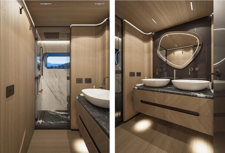 Sirena 42 Yacht Photos Pics Modern bathroom in 2026 Custom Sirena yacht with dual sinks and sleek design.