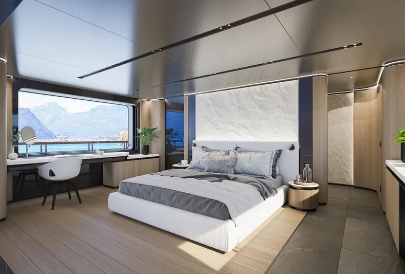Sirena 42 Yacht Photos Pics Luxurious 2026 Custom Sirena yacht bedroom with modern decor and scenic ocean view.