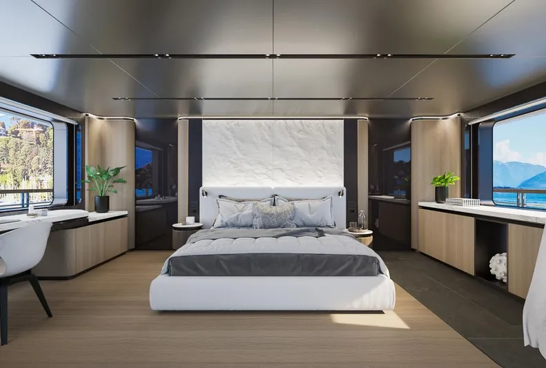 Sirena 42 Yacht Photos Pics Luxurious bedroom interior of 2026 Custom Sirena yacht with panoramic windows and modern decor.