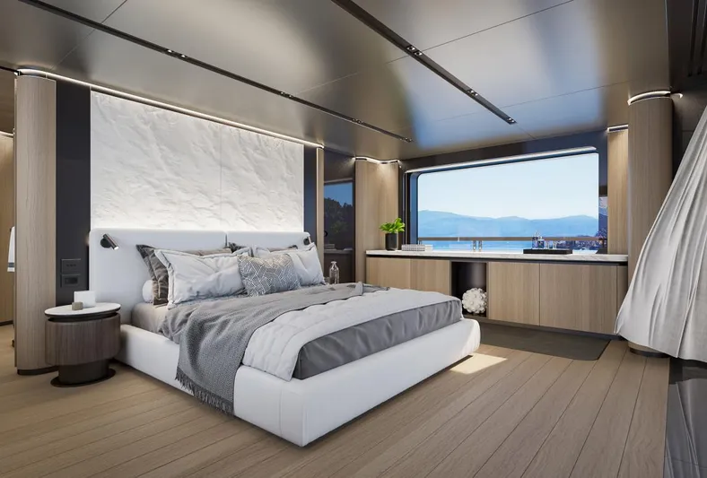 Sirena 42 Yacht Photos Pics Luxurious bedroom on the 2026 Custom Sirena yacht with ocean view and modern decor.